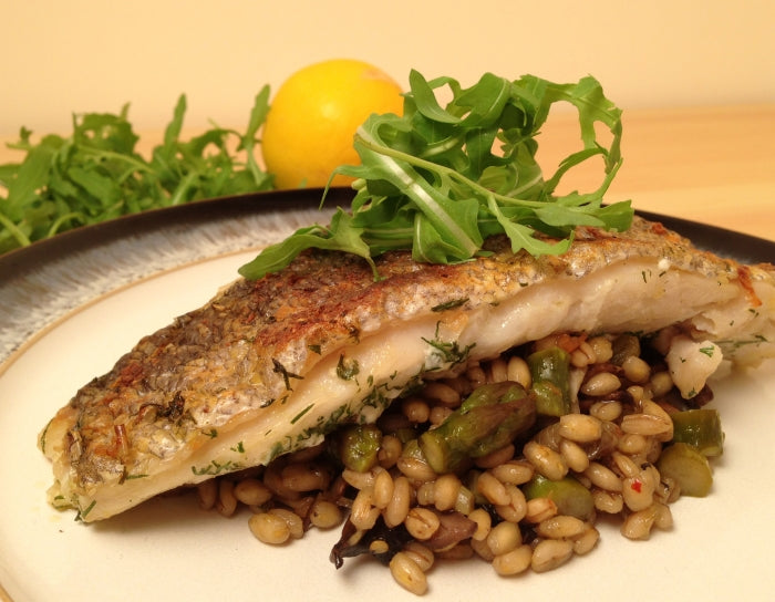 Grilled Hake with Pearl Barley Risotto